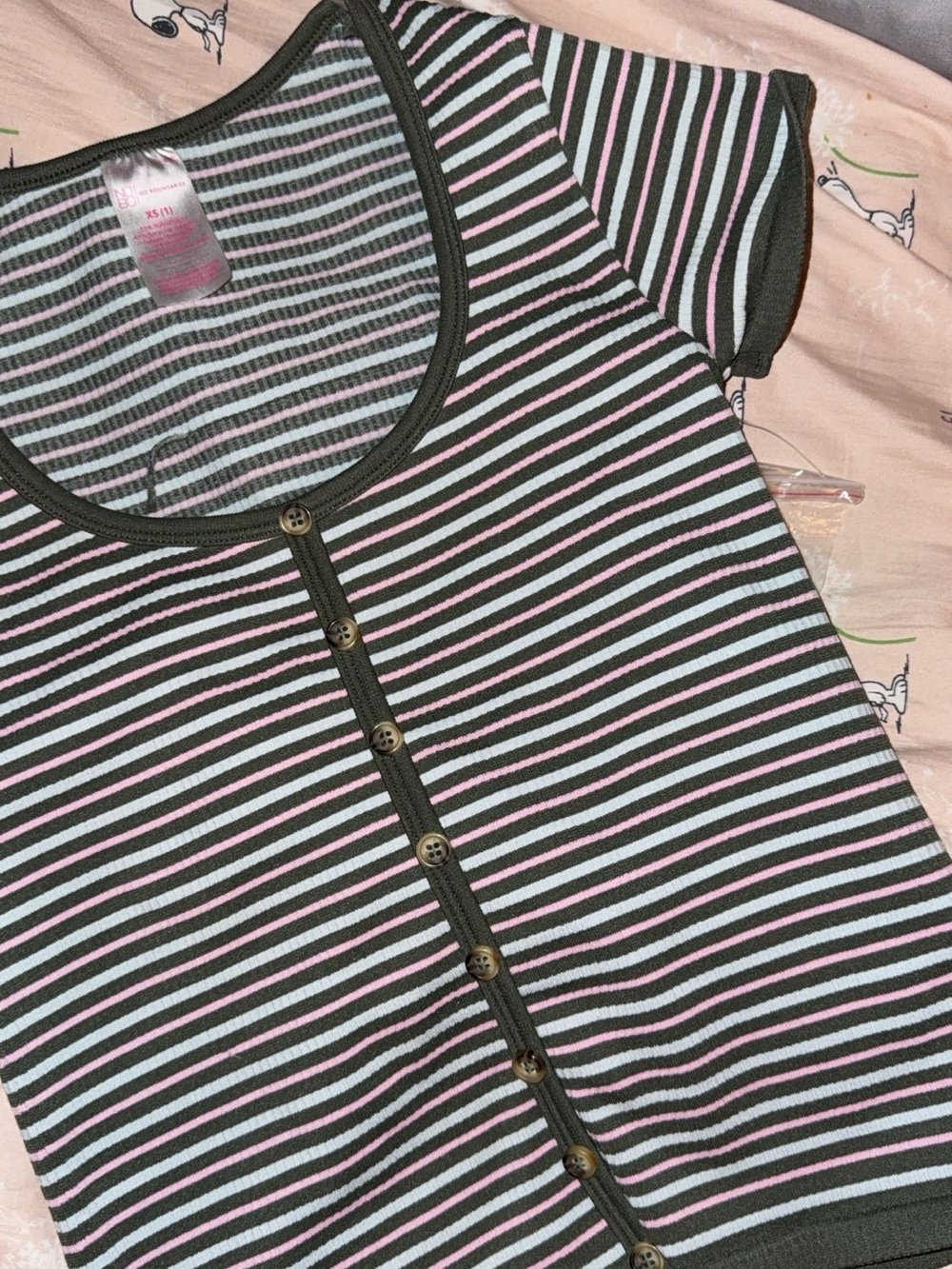 Striped Button-Front Crop Top in Olive with Pink & White Stripes